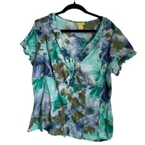 Mango Isle Womens Blouse Size XL Floral Blues Greens Short Sleeves Top Shirt